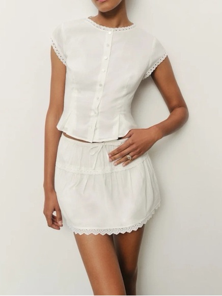 Reformation Valletta White Two Piece Set Lace Trim Crop Top & Mini Skirt/Size 6